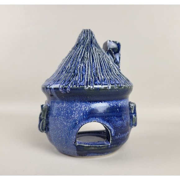 Cobalt Blue Glazed Art Pottery Fairy Cottage Tealight Candle Holder Artist Marke - Picture 3 of 14